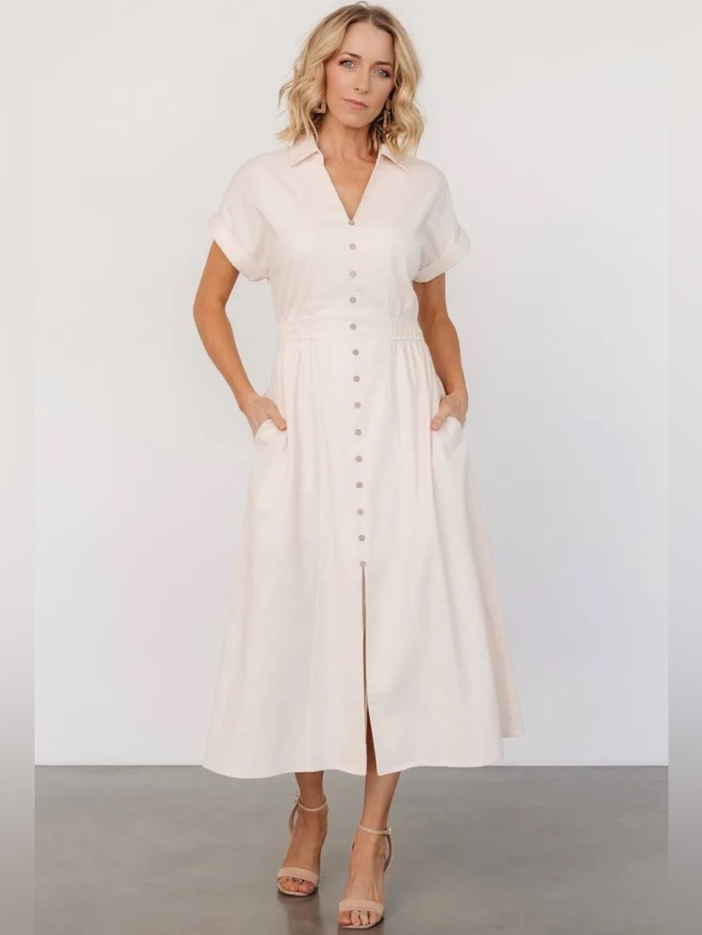 Baltic Born Cream Button-Front Collared Midi Dress- NWT